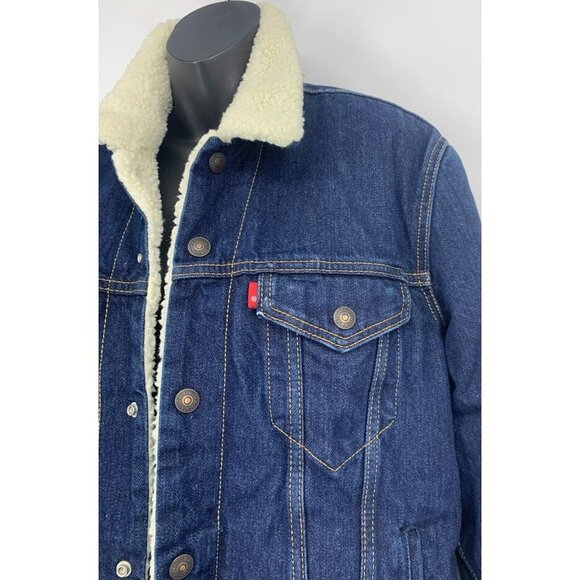 Levi Strauss Unisex Denim Trucker Jacket Size Medium M Blue Snap Button Sherpa - Picture 3 of 10